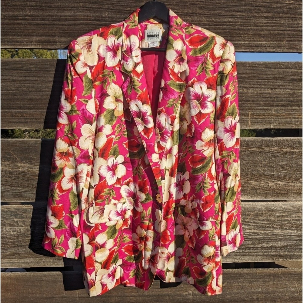 Vintage Tropical Floral Blazer 12P Pink Resort Vacation Cruise Jacket Rayon